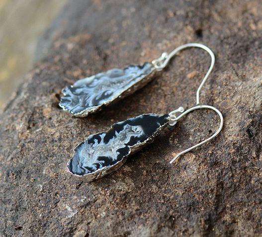 Natural Sliced Grey Druzy Geode Earrings