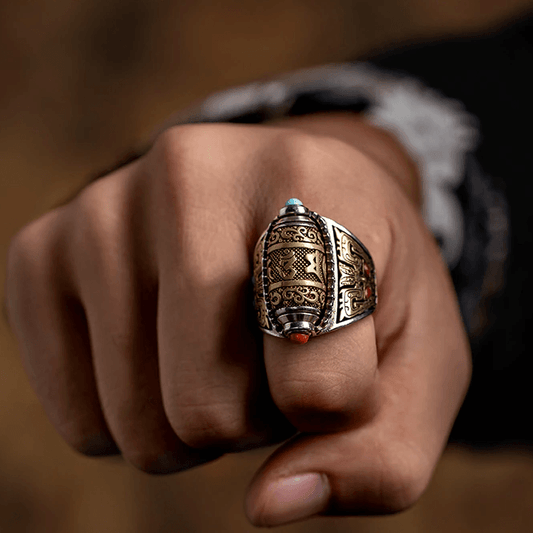 Ethnic Tibetan Spinning Turquoise & Agate Six Syllable Mantra Prayer Ring