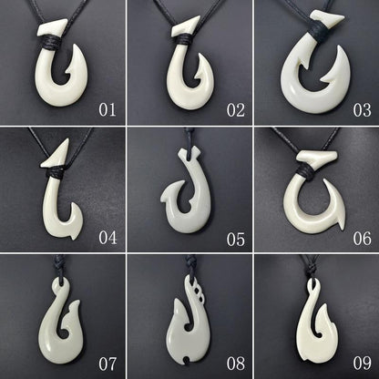 New Zealand Maori Tribal Style Hand Carved Bone 'HEI-MATAU'( Fish Hook)  SAFE JOURNEY Necklace-9 styles