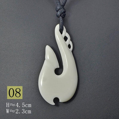 New Zealand Maori Tribal Style Hand Carved Bone 'HEI-MATAU'( Fish Hook)  SAFE JOURNEY Necklace-9 styles