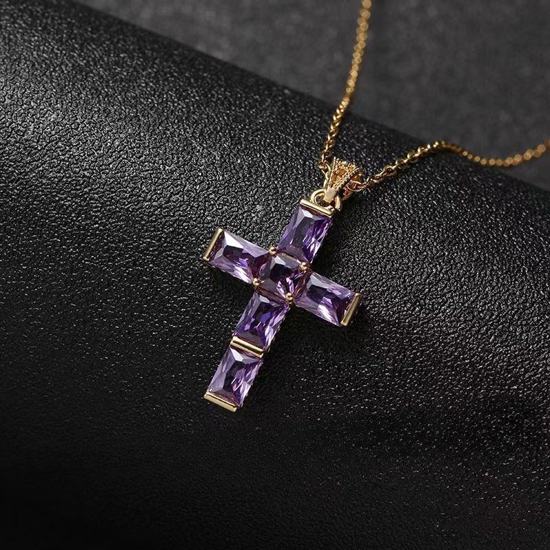 New Purple Amethyst Cross Necklace Pendant