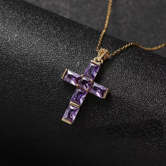 New Purple Amethyst Cross Necklace Pendant