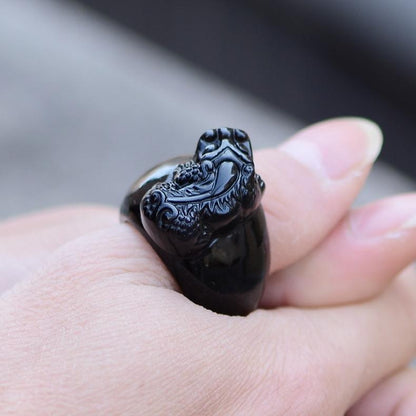 Feng Shui Black Obsidian Pixiu Wealth Ring