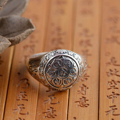 Solid 925 Silver 6 Syllable Lotus Mantra Signet Ring