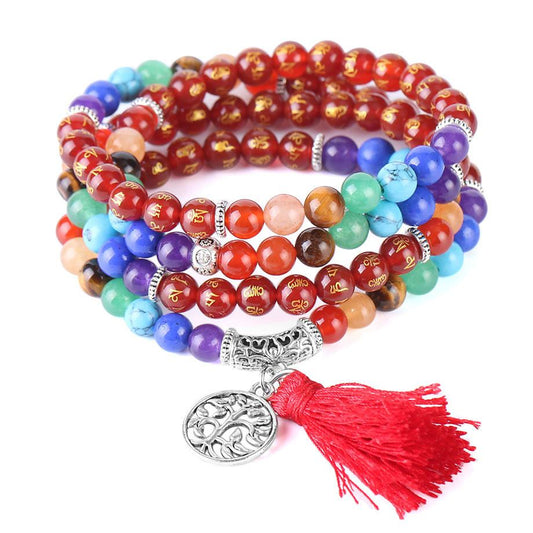 Tibetan Six True Words Tree of Life Chakra Onyx 108 Mala Beads Bracelet - OM MANI PADME HUM