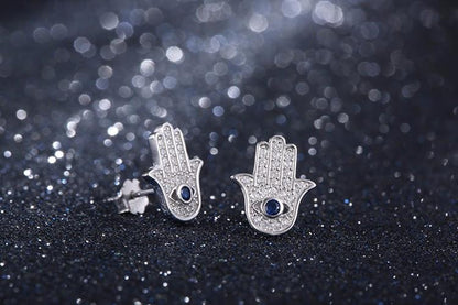 925 Sterling Silver Blue Evil Eye Hamsa Hand Stud Earrings