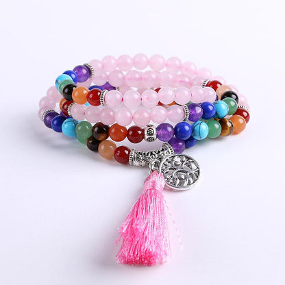 Tree of Life 7 Chakra Rose Quartz 108 Mala Beads Bracelet