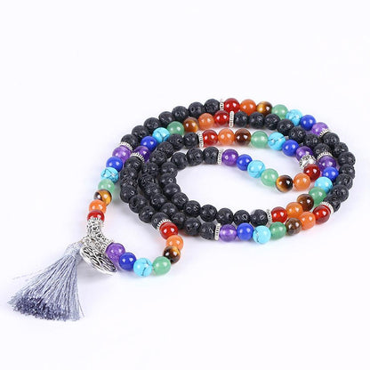 Tree of Life 7 Chakra Black Lava Rock 108 Mala Beads Bracelet