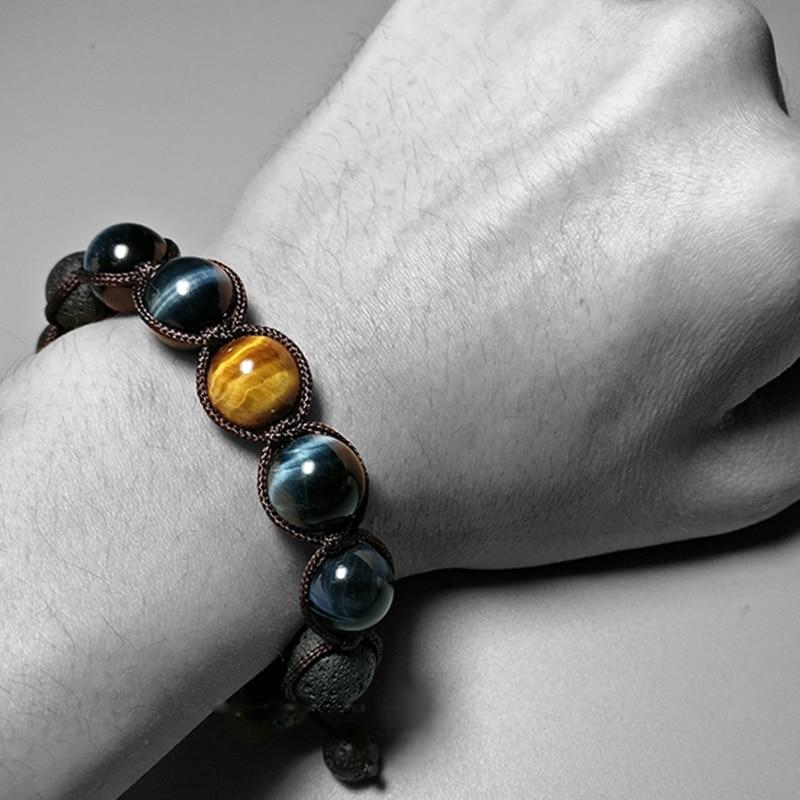 Blue Yellow Tiger's Eye Gem Lava Beads Bracelet