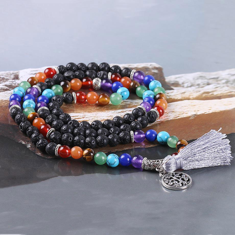 Tree of Life 7 Chakra Black Lava Rock 108 Mala Beads Bracelet