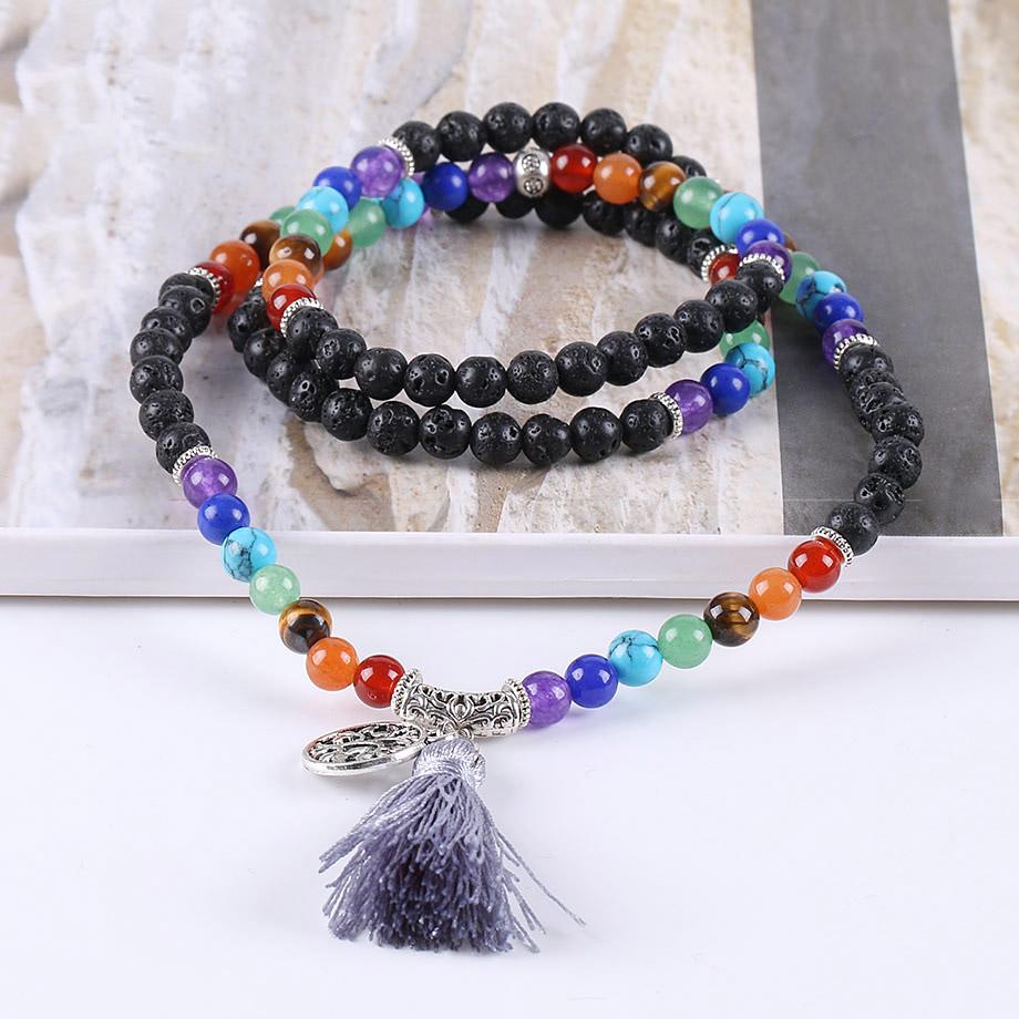 Tree of Life 7 Chakra Black Lava Rock 108 Mala Beads Bracelet