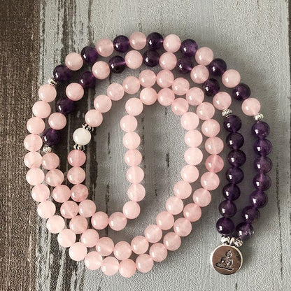 Rose Quartz Amethyst Mala 108 Beads Bracelet - Lotus / Buddha / Om