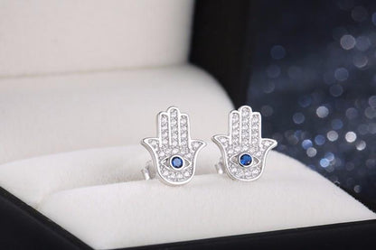 925 Sterling Silver Blue Evil Eye Hamsa Hand Stud Earrings