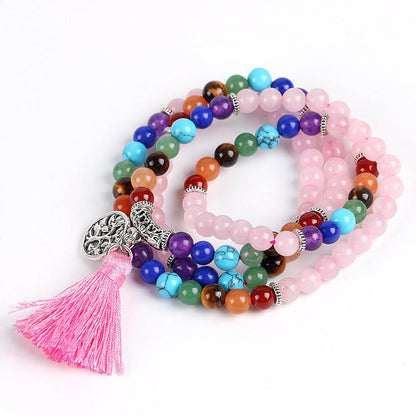 Tree of Life 7 Chakra Rose Quartz 108 Mala Beads Bracelet