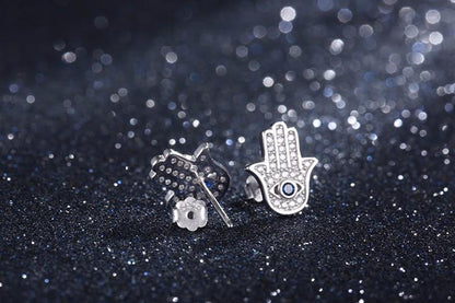 925 Sterling Silver Blue Evil Eye Hamsa Hand Stud Earrings