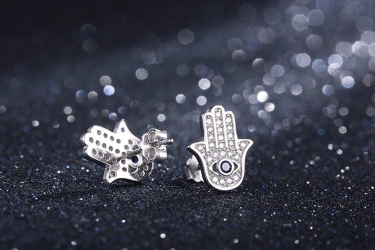 925 Sterling Silver Blue Evil Eye Hamsa Hand Stud Earrings