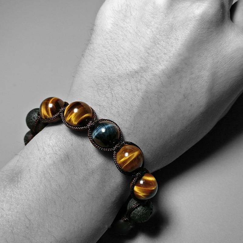 Blue Yellow Tiger's Eye Gem Lava Beads Bracelet