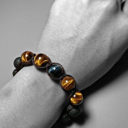 Blue Yellow Tiger's Eye Gem Lava Beads Bracelet