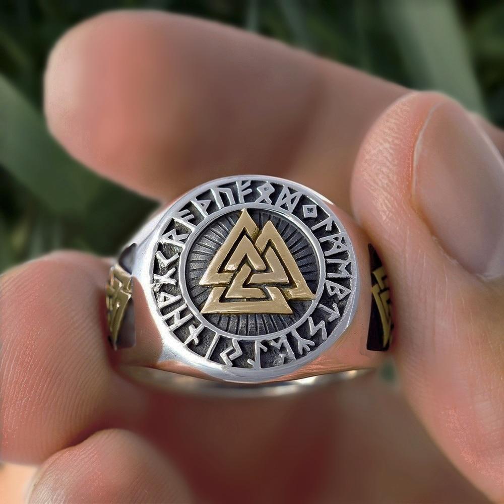 Titanium Steel Viking Valknut & Futhark Runes Signet Ring