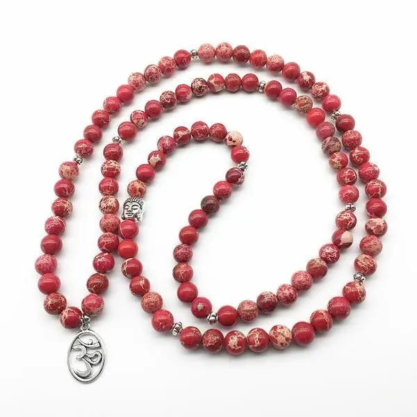 Om Charm 108 Natural Red Regalite Mala