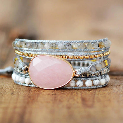 Natural Rose Quartz Howlite & Rutilated Quartz Wrap Bracelet