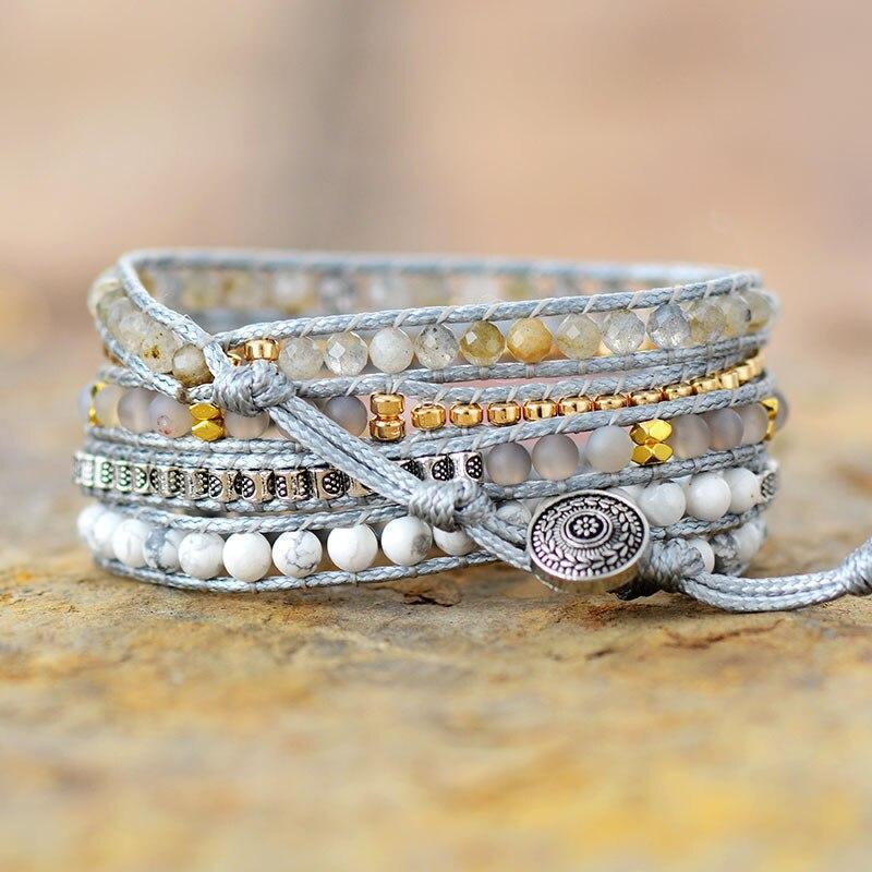 Natural Rose Quartz Howlite & Rutilated Quartz Wrap Bracelet