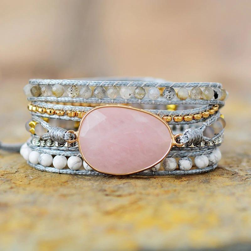 Natural Rose Quartz Howlite & Rutilated Quartz Wrap Bracelet