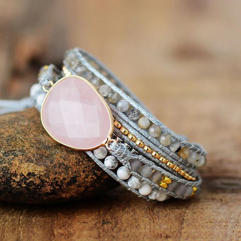 Natural Rose Quartz Howlite & Rutilated Quartz Wrap Bracelet