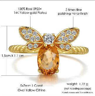 14k Gold Plated Silver CITRINE Gemstone Honey Bee WEALTH ATTRACTING Ring