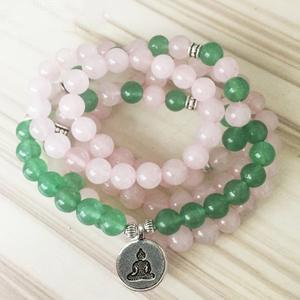 Rose Quartz Green Aventurine Mala 108 Beads Bracelet - Lotus / Buddha / Om