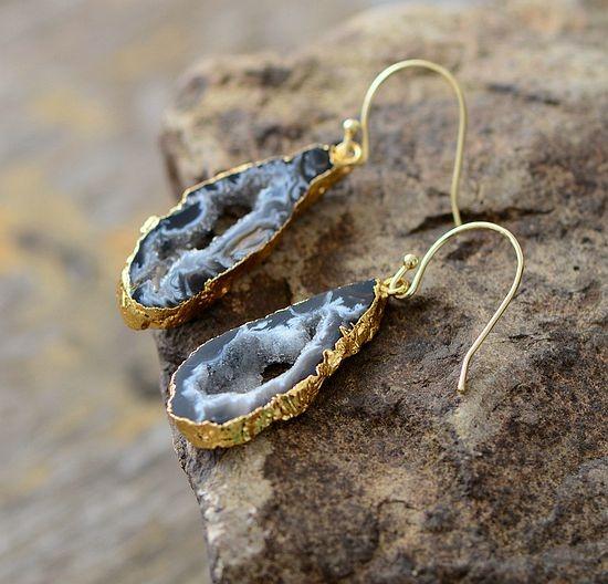 Natural Sliced Grey Druzy Geode Earrings