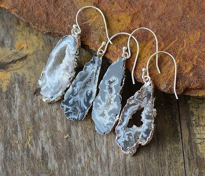 Natural Sliced Grey Druzy Geode Earrings