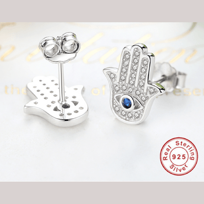 925 Sterling Silver Blue Evil Eye Hamsa Hand Stud Earrings