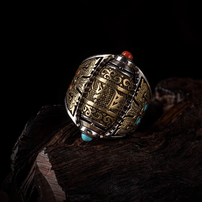 Ethnic Tibetan Spinning Turquoise & Agate Six Syllable Mantra Prayer Ring