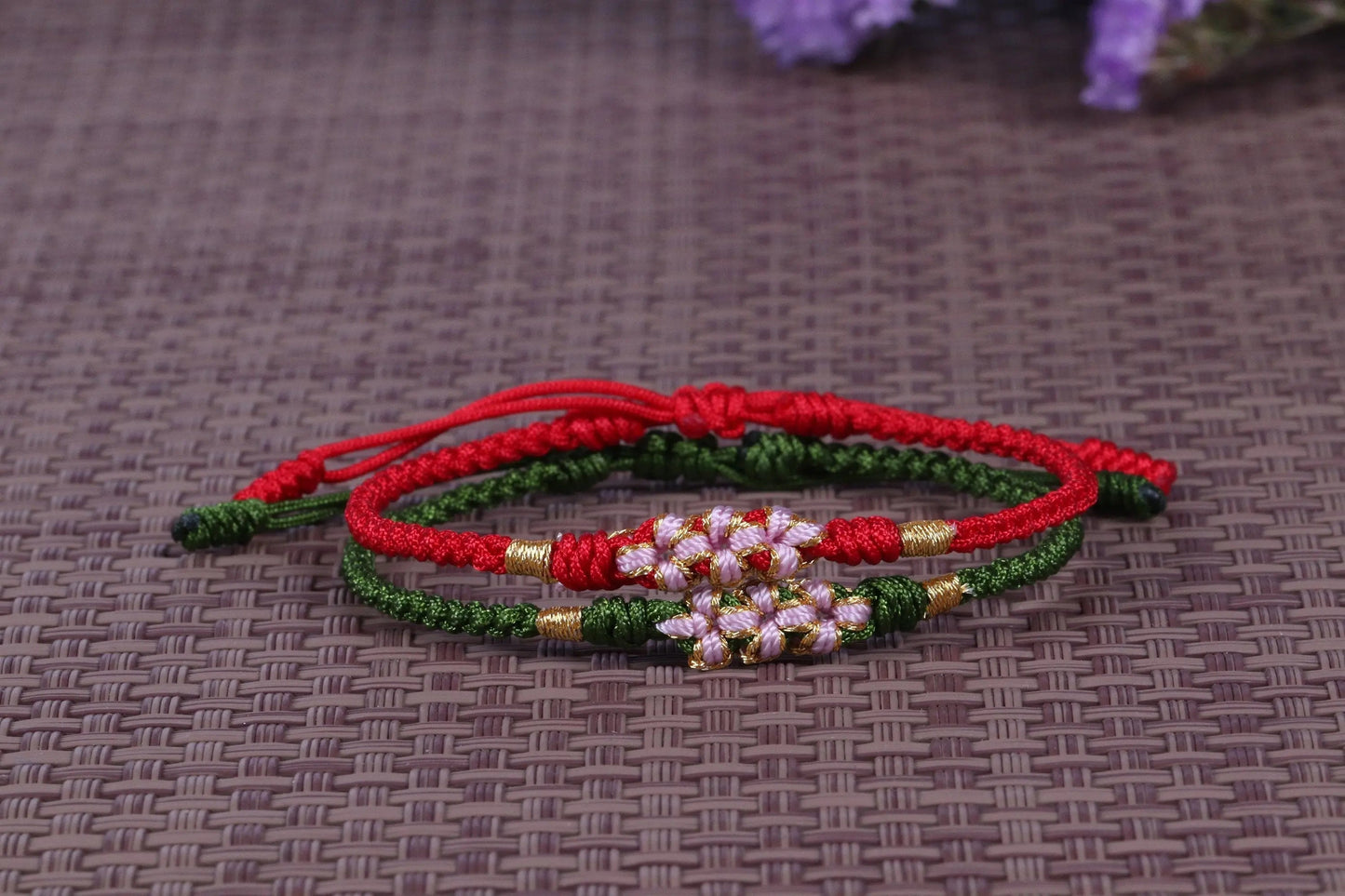 Lucky Handmade Buddhist Knots "Peach Flower" Rope Bracelet
