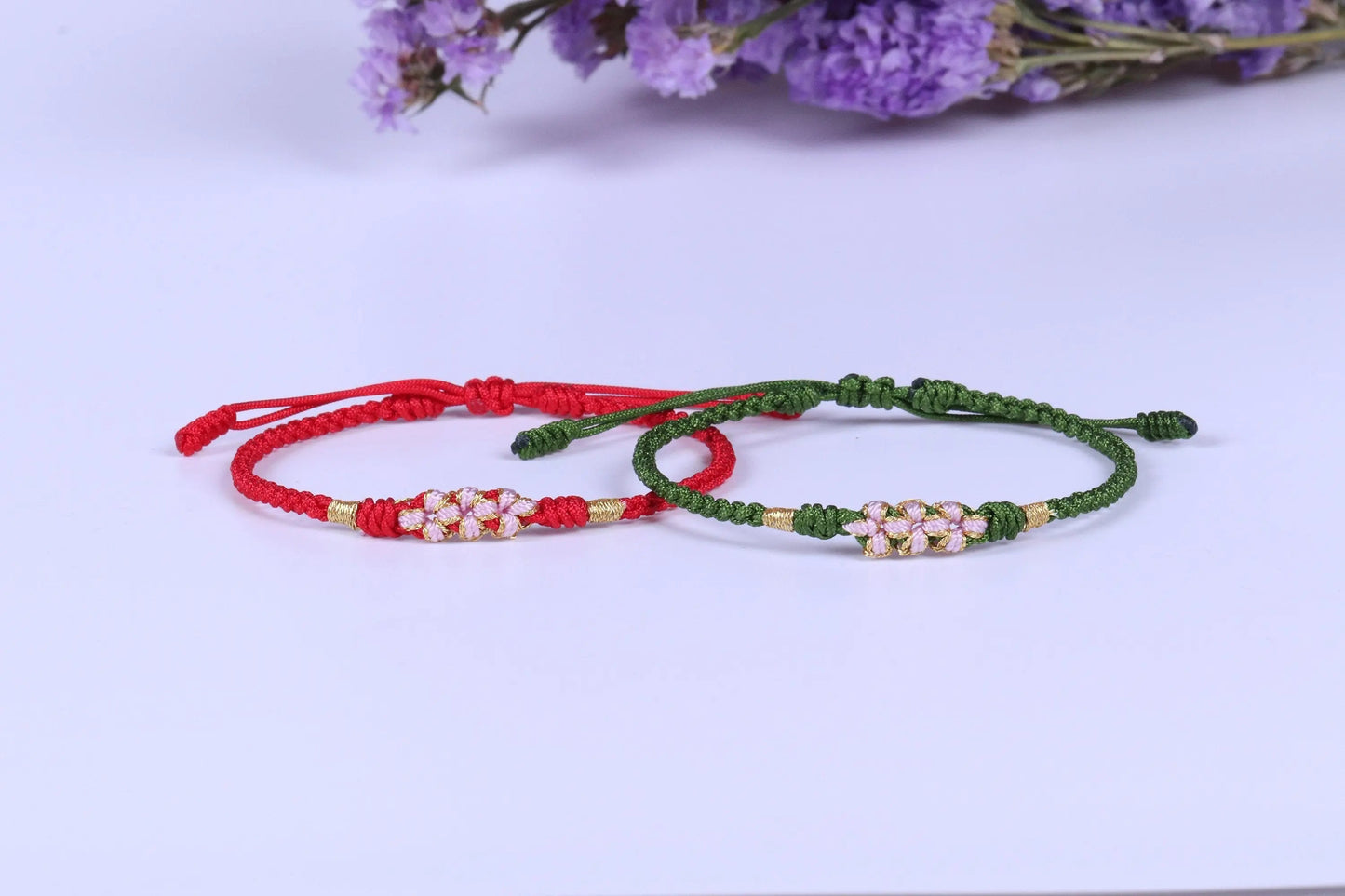 Lucky Handmade Buddhist Knots "Peach Flower" Rope Bracelet