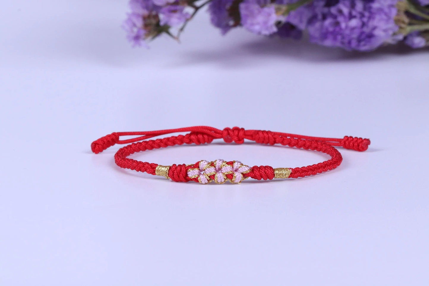 Lucky Handmade Buddhist Knots "Peach Flower" Rope Bracelet