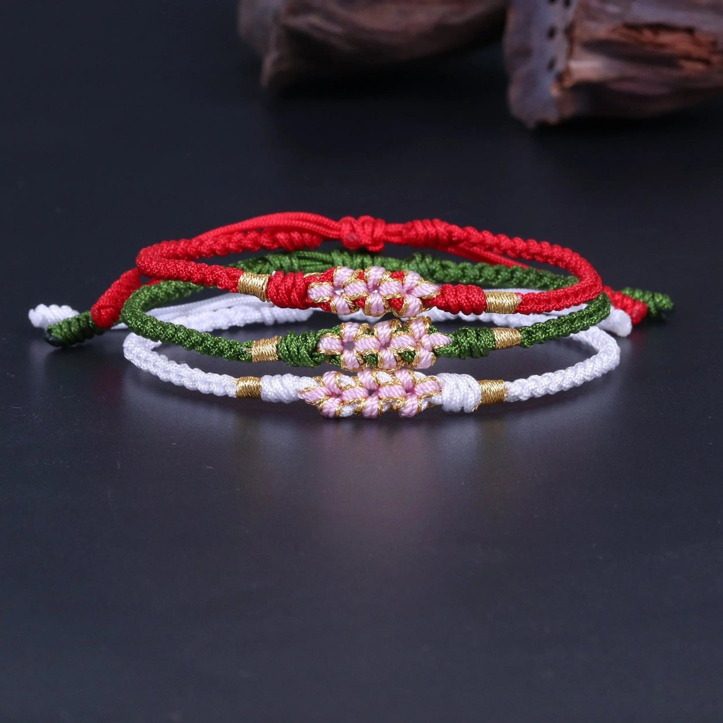 Lucky Handmade Buddhist Knots "Peach Flower" Rope Bracelet