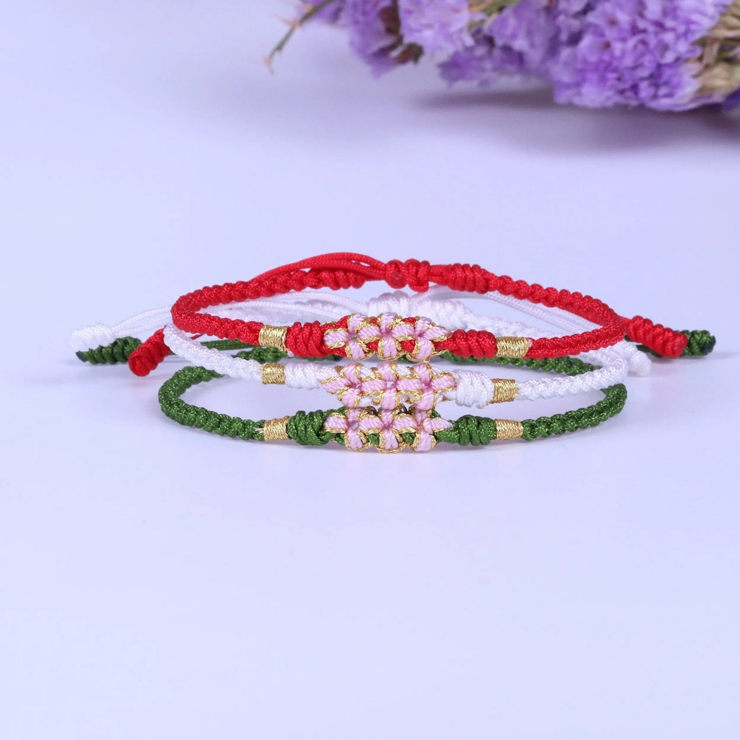 Lucky Handmade Buddhist Knots "Peach Flower" Rope Bracelet