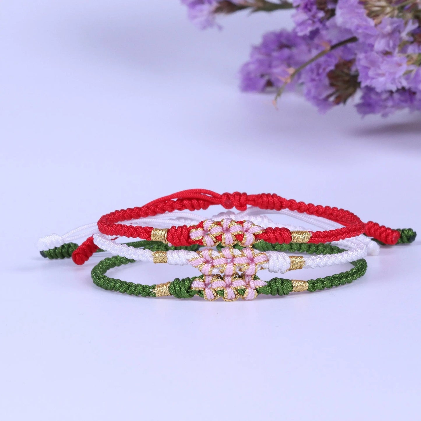 Lucky Handmade Buddhist Knots "Peach Flower" Rope Bracelet