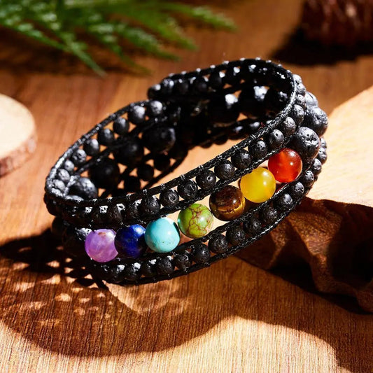 7 Chakra Black Lava Stone Wrap Bracelet