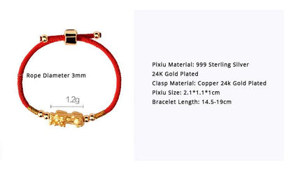 Sterling Silver Gold Pixiu Lucky Red Rope Bracelet