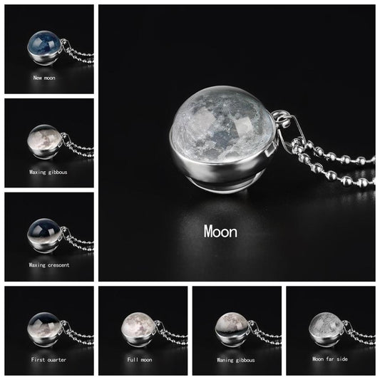 Double Sided Moon Phase Glass Pendant Necklace