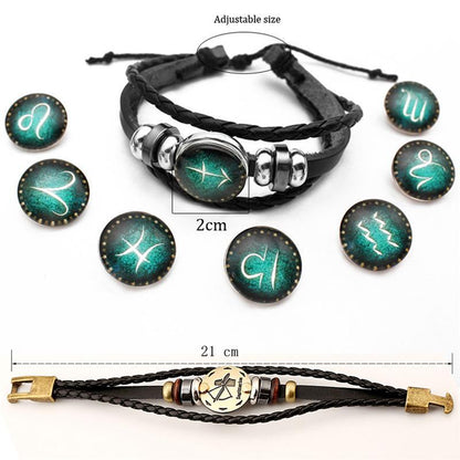 Zodiac Constellation 2 Bracelets Set - Luminous Charm Leather Bracelet + Gold Color Charm Leather Bracelet