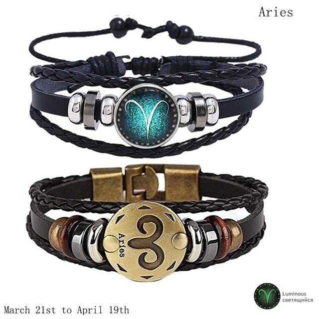 Zodiac Constellation 2 Bracelets Set - Luminous Charm Leather Bracelet + Gold Color Charm Leather Bracelet