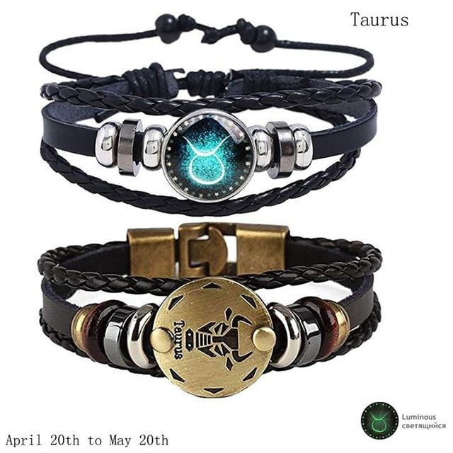 Zodiac Constellation 2 Bracelets Set - Luminous Charm Leather Bracelet + Gold Color Charm Leather Bracelet