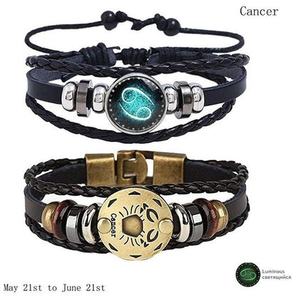 Zodiac Constellation 2 Bracelets Set - Luminous Charm Leather Bracelet + Gold Color Charm Leather Bracelet