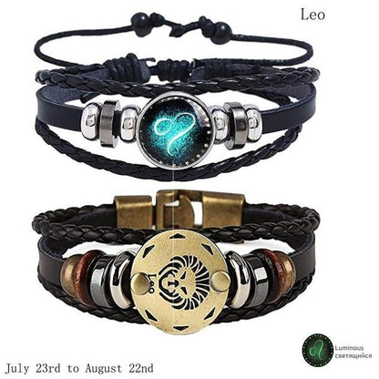 Zodiac Constellation 2 Bracelets Set - Luminous Charm Leather Bracelet + Gold Color Charm Leather Bracelet