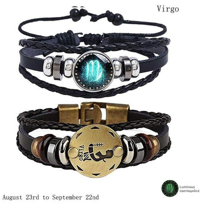 Zodiac Constellation 2 Bracelets Set - Luminous Charm Leather Bracelet + Gold Color Charm Leather Bracelet