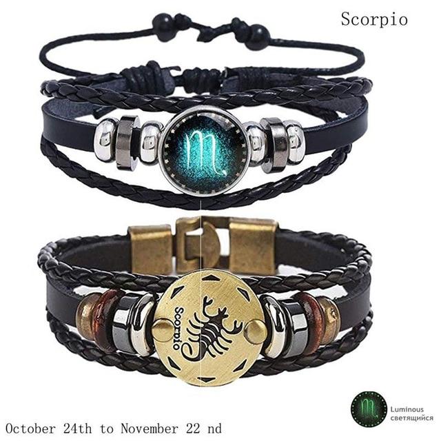 Zodiac Constellation 2 Bracelets Set - Luminous Charm Leather Bracelet + Gold Color Charm Leather Bracelet